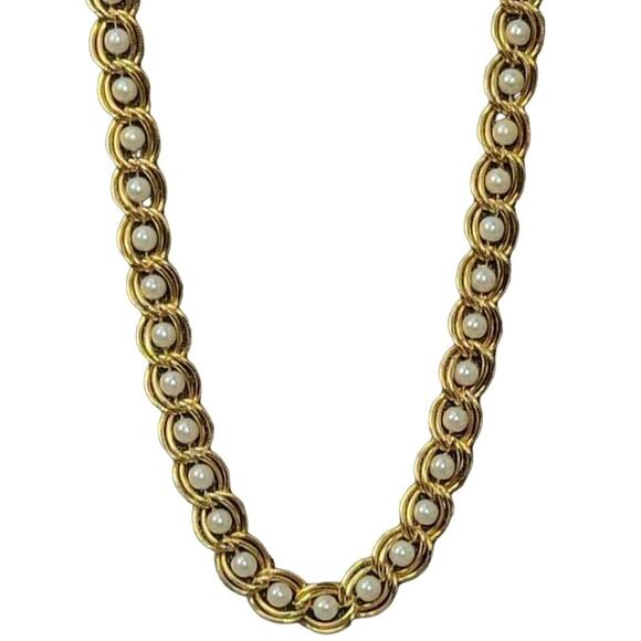 Vintage Caged Pearl Necklace Goldtone Double Open Link Appx 18.5" FAUX PEARL - Picture 1 of 9